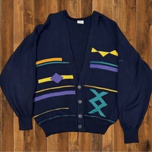 Vintage 80s MARZ West Germany Cardigan – Geometric Knit Art Sweater Navy M/L